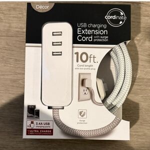 White USB Charging Extension Cord With 3 USB Ports, NIB